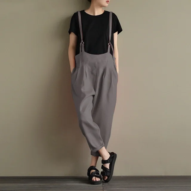 Women's Literary Retro Cotton Linen Casual Overalls Grey - Shop at LoveMi