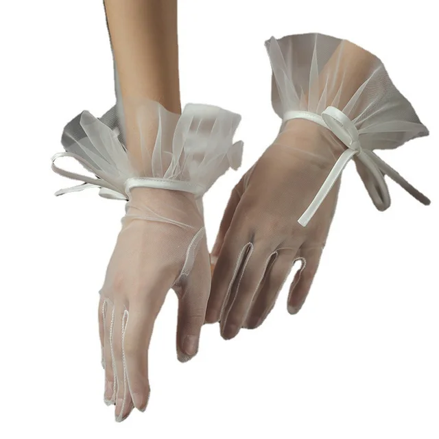Bridal Wedding Mesh Bow Lace Gloves White - Shop at LoveMi