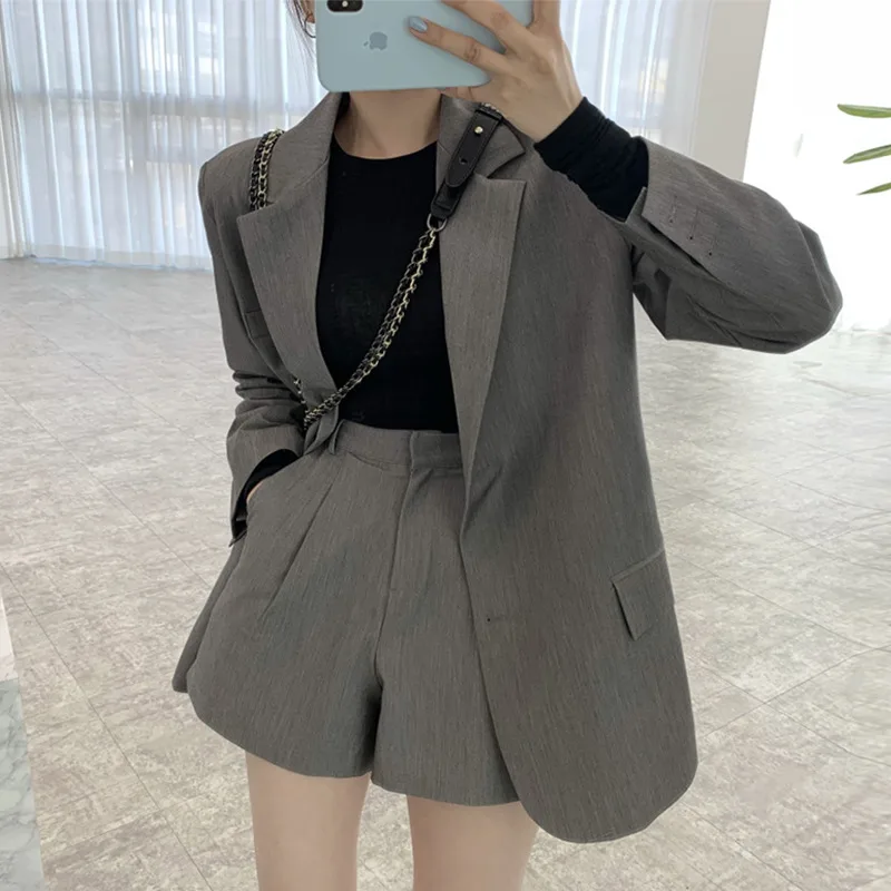 Spring New Loose Small Suit Coat Women's High Waist A Line Wide Leg Suit Shorts Gray Coat - Shop at LoveMi