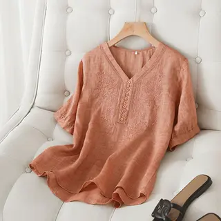 Literary Retro Embroidered Short-sleeved Shirt - Orange - View 1