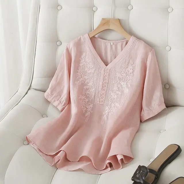 Literary Retro Embroidered Short sleeved Shirt Pink - Shop at LoveMi