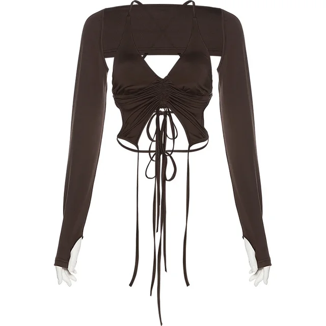 French Hot Girl Style Sexy Hollow Drawstring Halter Neck Brown - Shop at LoveMi