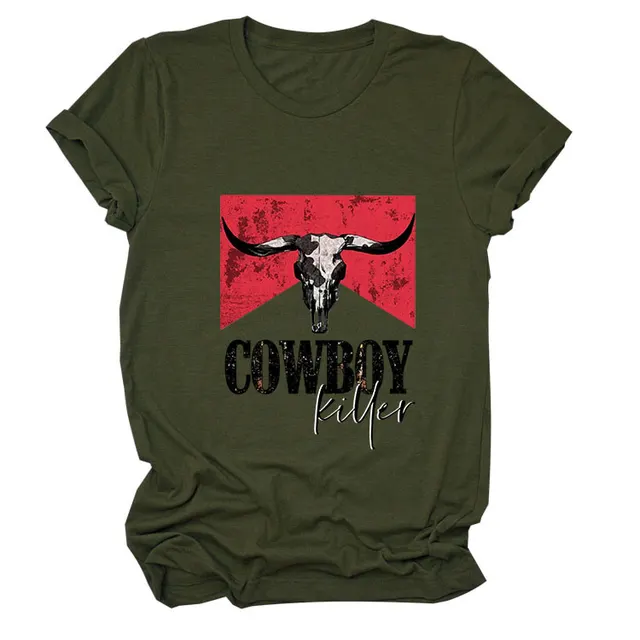 COWBOY KILLER Cow Head Letter Print Short sleeve Loose Women's T shirt Army Green Color Picture - Shop at LoveMi