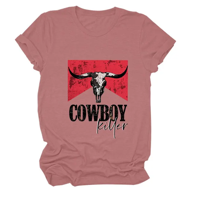 COWBOY KILLER Cow Head Letter Print Short sleeve Loose Women's T shirt Rose Gold Color Picture - Shop at LoveMi
