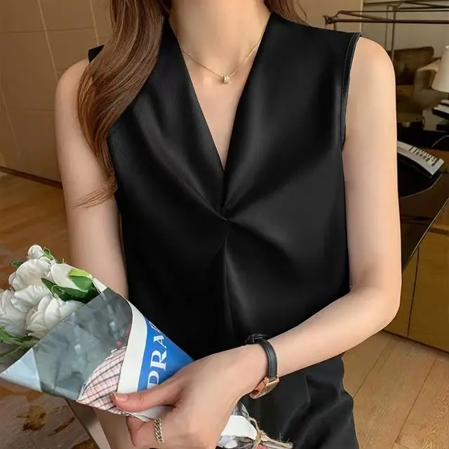 Summer New Satin V neck Sleeveless Camisole High end Design Cross Inner Wear Blouse Women Black - Shop at LoveMi