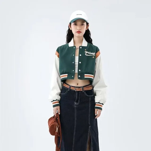 Tide Brand Retro American Rose Letter Embroidery Short Coat Green - Shop at LoveMi