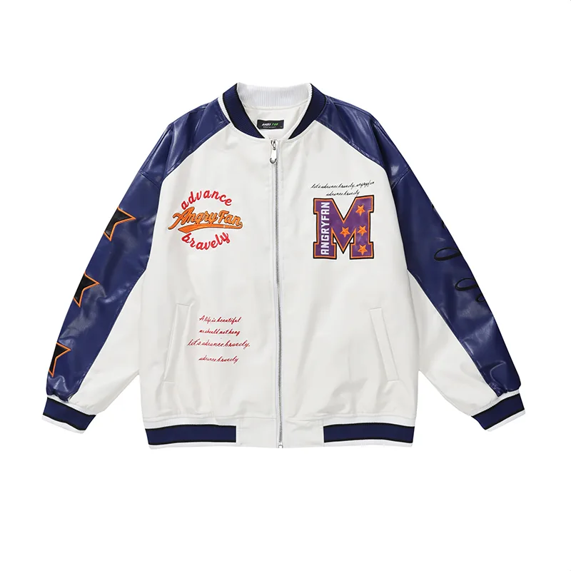 American Letter Embroidery Baseball Uniform PU Leather Jacket Blue - Shop at LoveMi