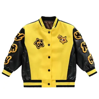 Girls Motorcycle Suit Western Style Stitching Leather Sleeve Jacket - Yellow