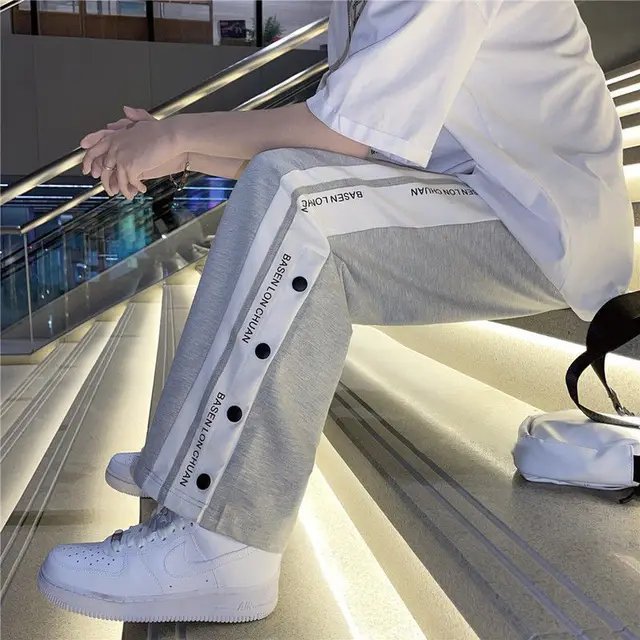 Men's Fashion Personality Striped Buttoned Pants Grey - Shop at LoveMi