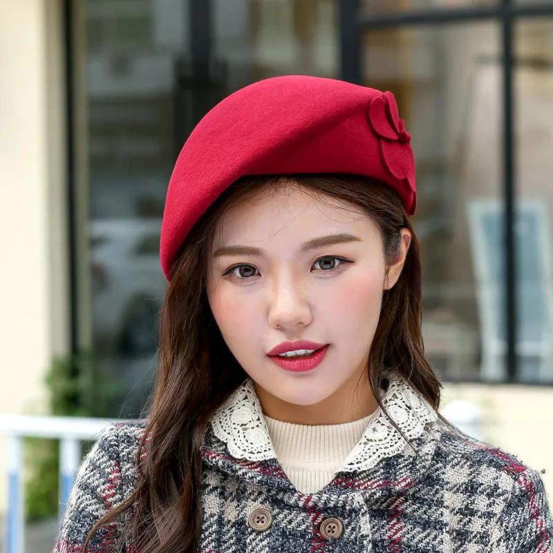Beret Women's Winter Sheep Felt Hat Wine Red - Shop at LoveMi