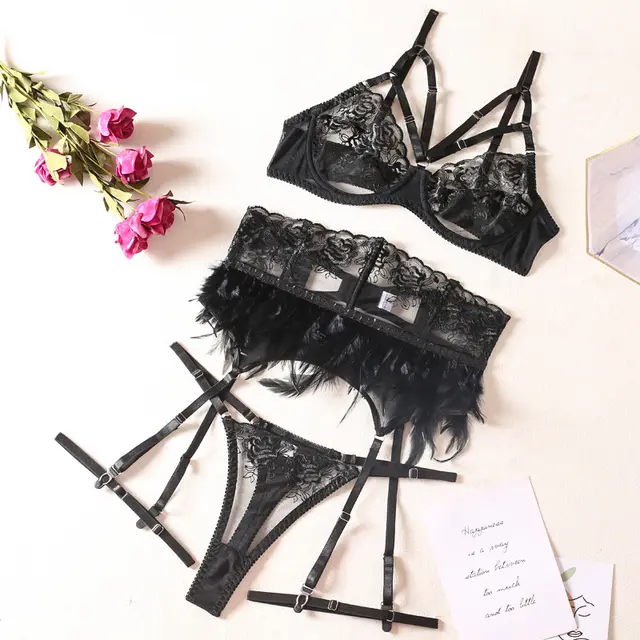 New Feather Embroidered Sexy Lingerie Three Piece Set Black - Shop at LoveMi