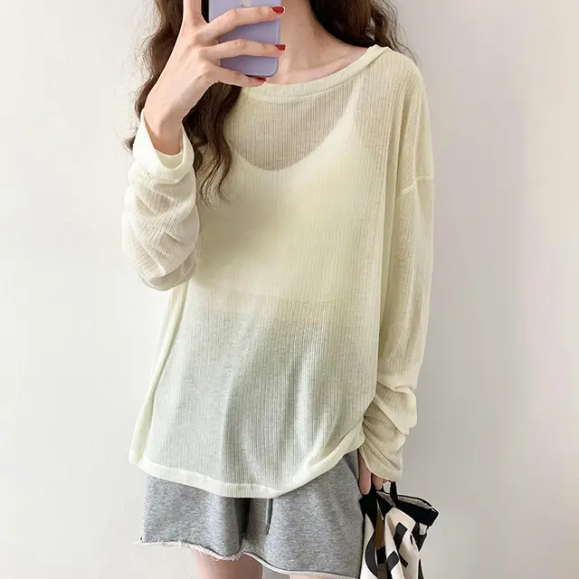Women's Long sleeved Mask T shirt Spring And Summer Loose Knitted Smock Top Light Yellow - Shop at LoveMi