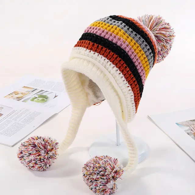 Two Layers Earflap Hat Fleece Lined Colorful Big Ball Skullies Beanies White - Shop at LoveMi