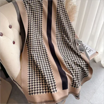 Short Beard Fringe Decoration Women's Cashmere Houndstooth Scarf Coffee Grey - Shop at LoveMi
