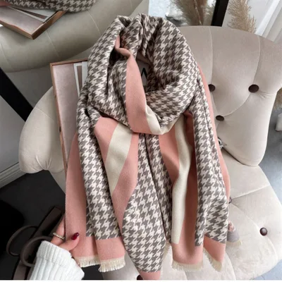 Short Beard Fringe Decoration Women's Cashmere Houndstooth Scarf Pink Grey - Shop at LoveMi