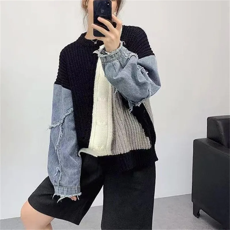 Women's Thin And Loose Denim Stitching Twist New Sweater Black - Shop at LoveMi