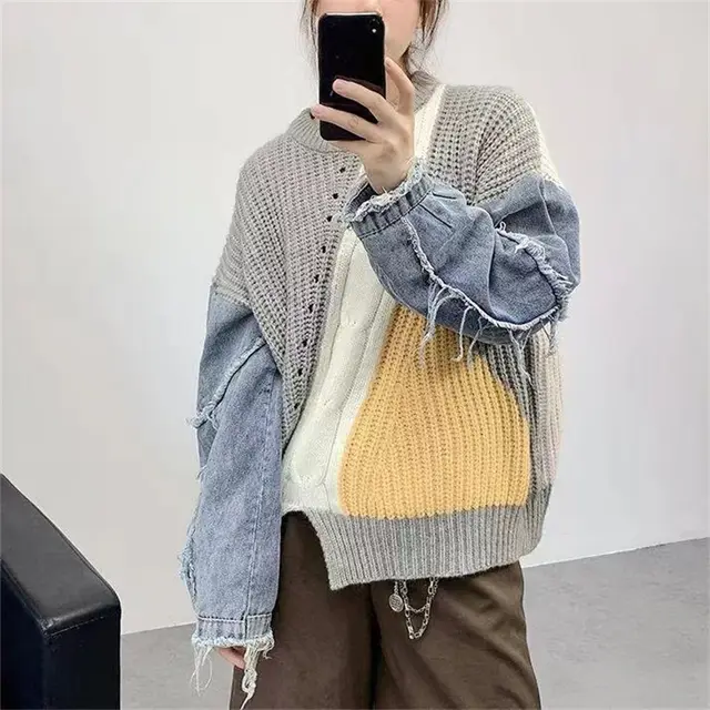Women's Thin And Loose Denim Stitching Twist New Sweater Grey - Shop at LoveMi