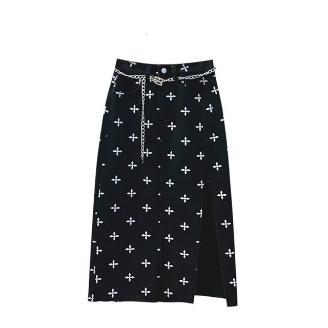 Women's Mid length High Waist Slit Printed Denim Skirt Black - Shop at LoveMi