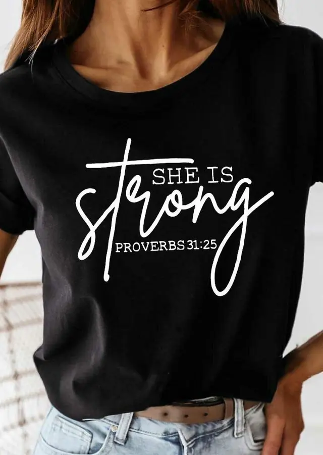 Women's She Is Strong Letter T shirt Cotton Black - Shop at LoveMi