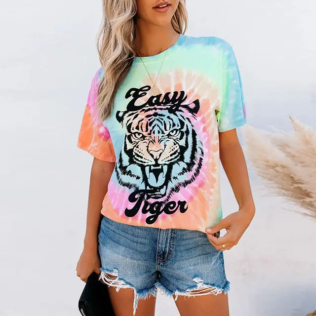Women's Round neck Slim fit Slimming Short sleeved Printed Tie dye T shirt Black Tiger Head Tie Dye - Shop at LoveMi