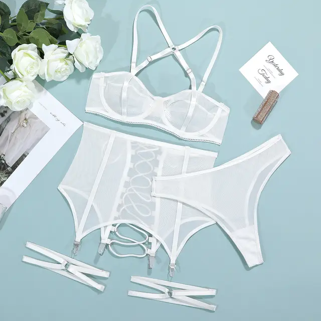 Women's Three piece Underwear Mesh Cross Straps Hollowed out Set White - Shop at LoveMi