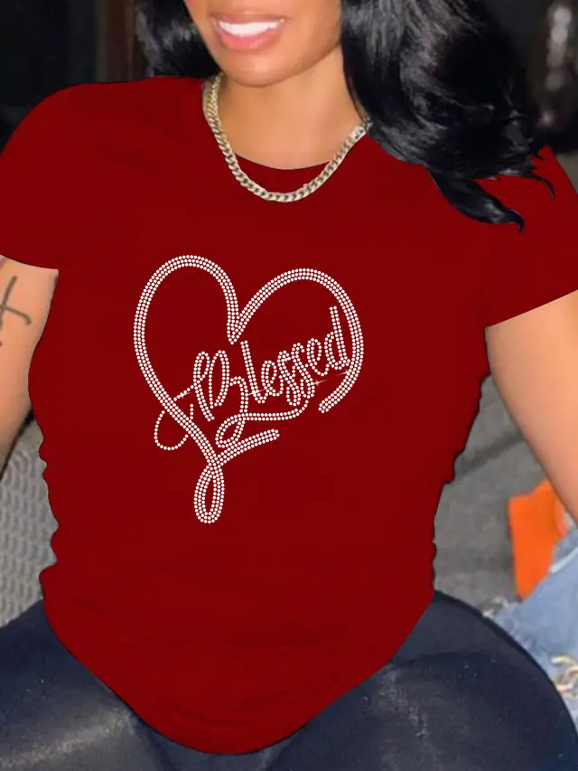 Rhinestone Round Neck T shirt Wine Red - Shop at LoveMi