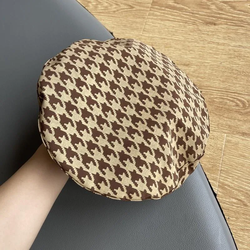 Women's British Style Houndstooth Plaid Flat Top Beret Brown - Shop at LoveMi