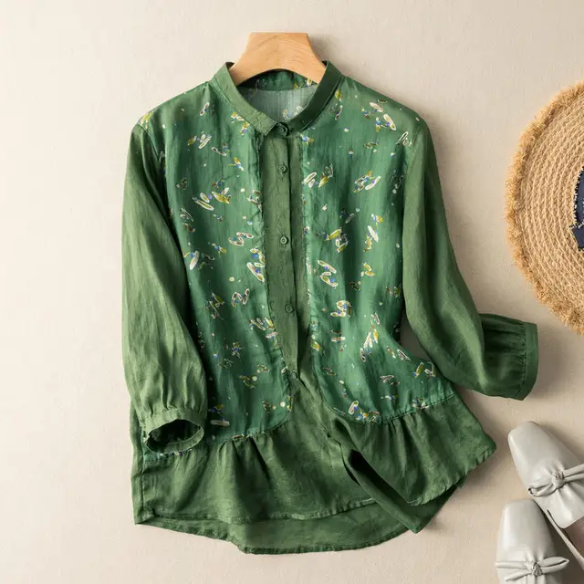 Literary Retro Design Temperament Lapel Three quarter Sleeve Thin Top Green Feather - Shop at LoveMi