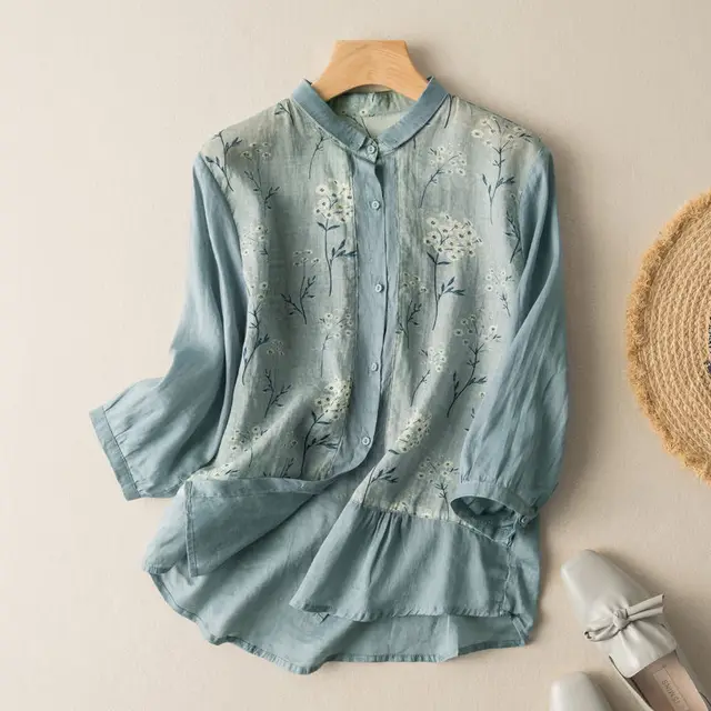 Literary Retro Design Temperament Lapel Three quarter Sleeve Thin Top Light Blue - Shop at LoveMi