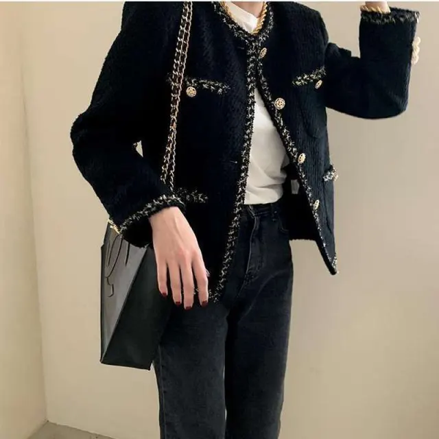 Women's Autumn Retro Crew Neck Single breasted Loose Wool Short Coat Black - Shop at LoveMi