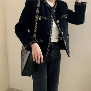 Women's Autumn Retro Crew Neck Single-breasted Loose Wool Short Coat - Black