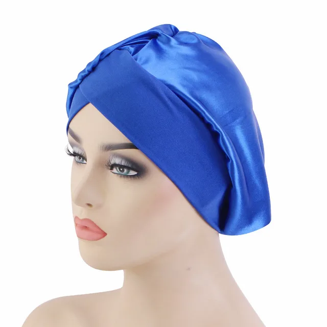 Solid Color Cross Brim Satin Nightcap Hair Care Hat Sapphire Blue - Shop at LoveMi