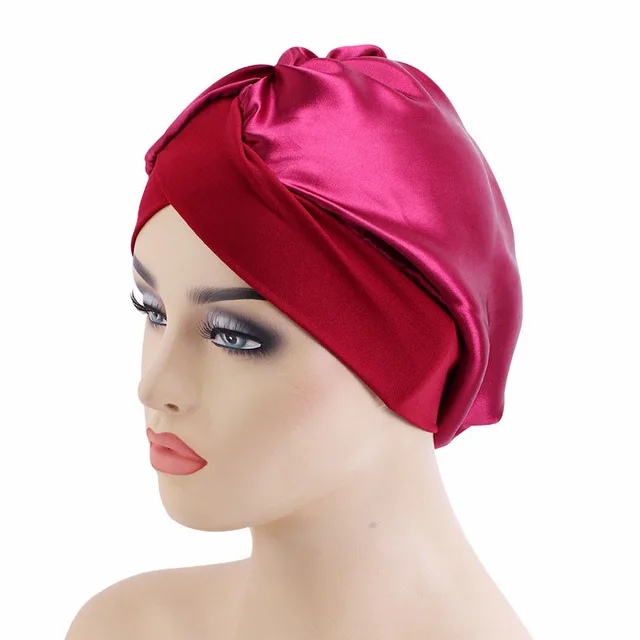 Solid Color Cross Brim Satin Nightcap Hair Care Hat Wine Red - Shop at LoveMi