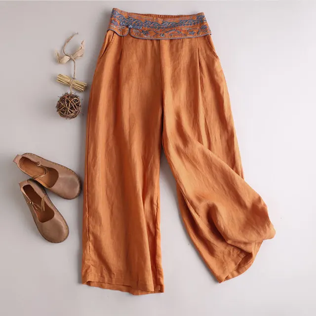 Women's Cotton Linen Embroidered Straight Pants Orange - Shop at LoveMi