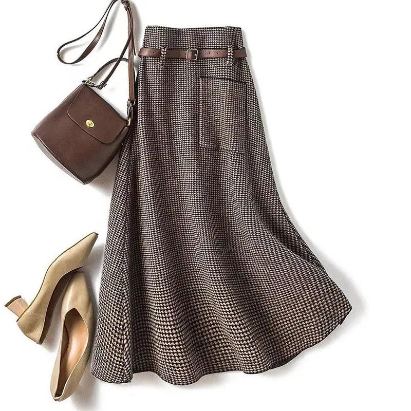 Women's Fashion Temperament Houndstooth A Line Skirt Coffee - Shop at LoveMi