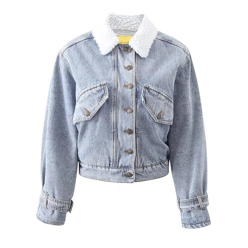 Women's American Style Retro Warm Lamb Wool Denim Jacket Light Blue - Shop at LoveMi