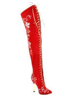 Elegant Embroidered Boots Over The Knee Stylish Zip Stiletto Heel - Red