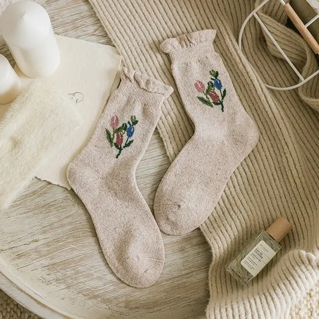 Golden Retro Tulip Mid tube Socks Warm And Thick Beige Flower - Shop at LoveMi