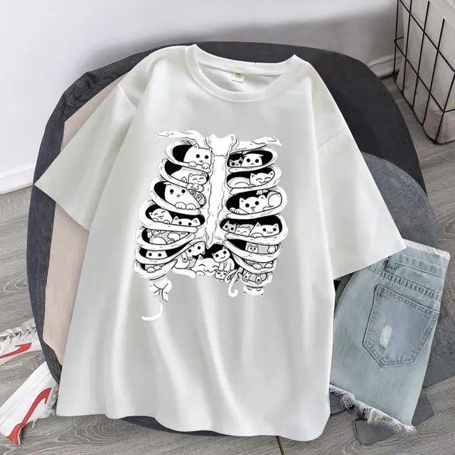 Skeleton Cat Gothic Print Round Neck Loose Men's And Women's T shirt Short Sleeve Bai - Shop at LoveMi
