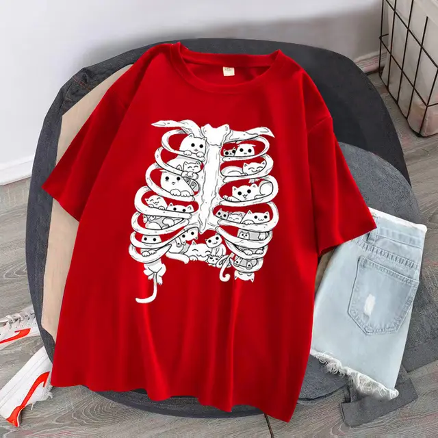 Skeleton Cat Gothic Print Round Neck Loose Men's And Women's T shirt Short Sleeve Hong - Shop at LoveMi