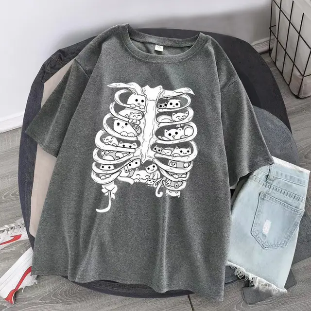 Skeleton Cat Gothic Print Round Neck Loose Men's And Women's T shirt Short Sleeve Hui - Shop at LoveMi