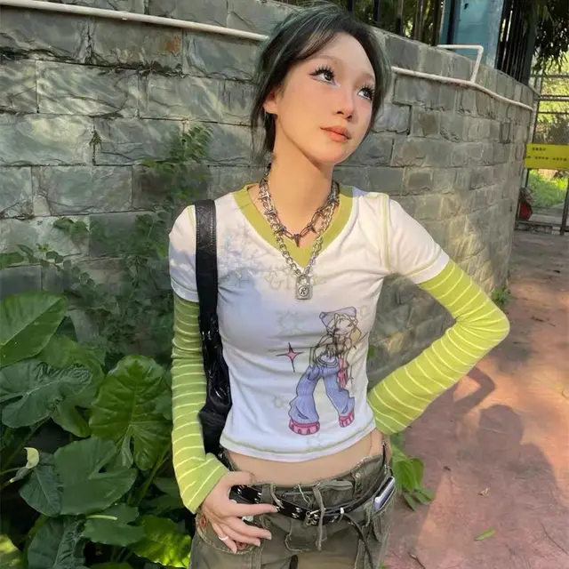 American Retro Striped Stitching Fake Two piece T shirt White - Shop at LoveMi