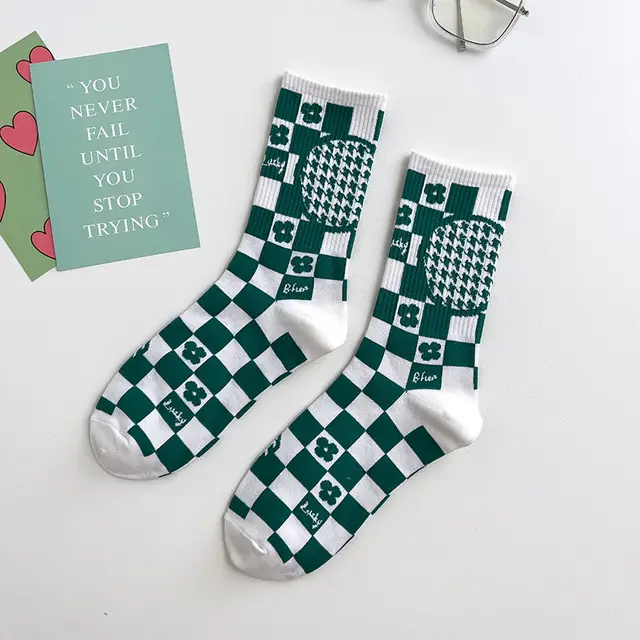 Green Women's Sports Stockings Japanese Big C Letter Checkered - Shop at LoveMi