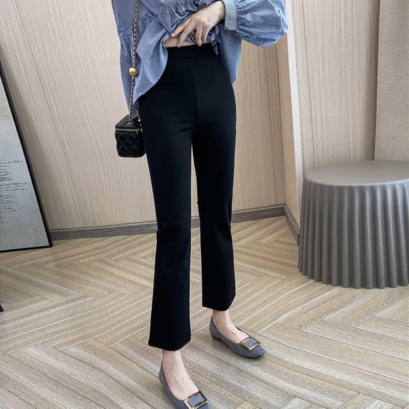 Women's Spring And Summer Black High Waist Slim Cropped Micro Flared Pants Black - Shop at LoveMi