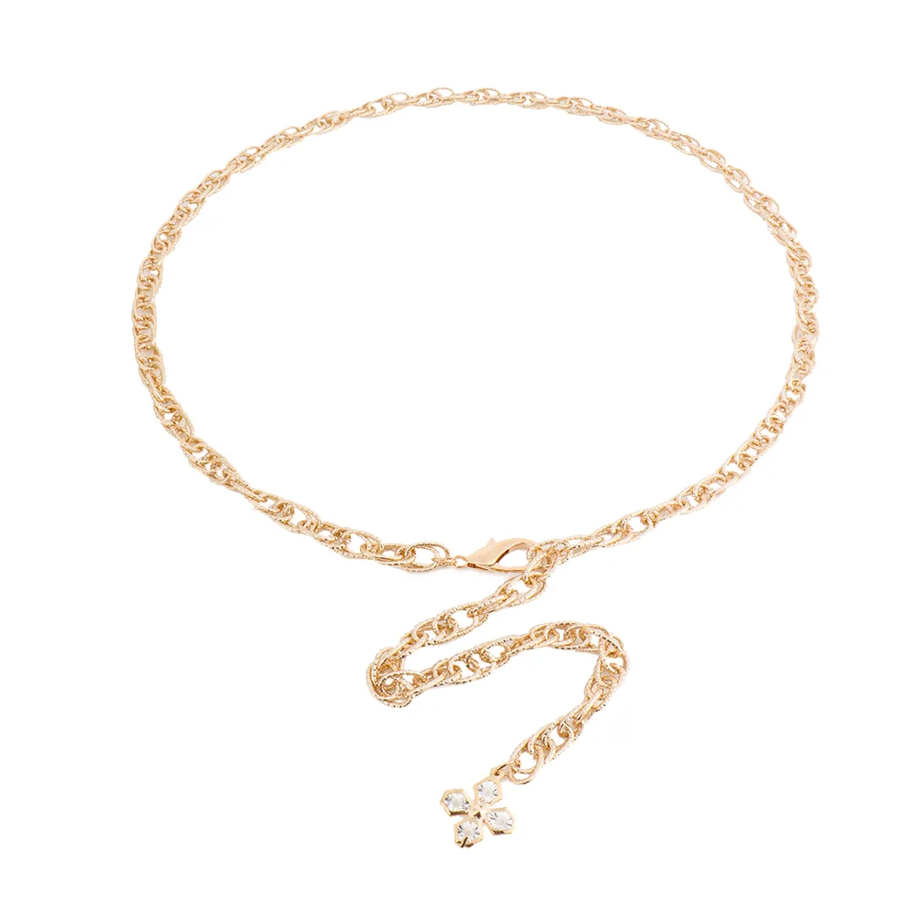 Ladies Waist Chain Decorative Dress Winding Chain Rhinestone Flower Pendant Hollow Metal Chain Summer Versatile Europe And America Gold - Shop at LoveMi