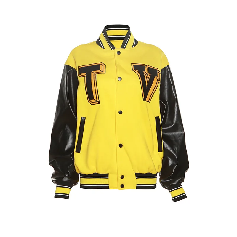 Street Embroidered Patchwork Loose Casual Baseball Jacket Yellow - Shop at LoveMi