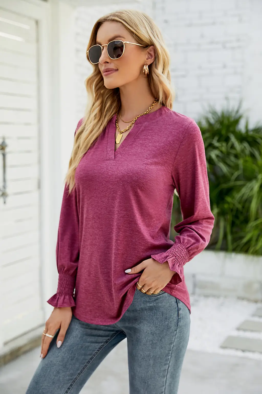 New Women's Casual V-neck Lotus Leaf Sleeve Loose T-shirt - Wine Red