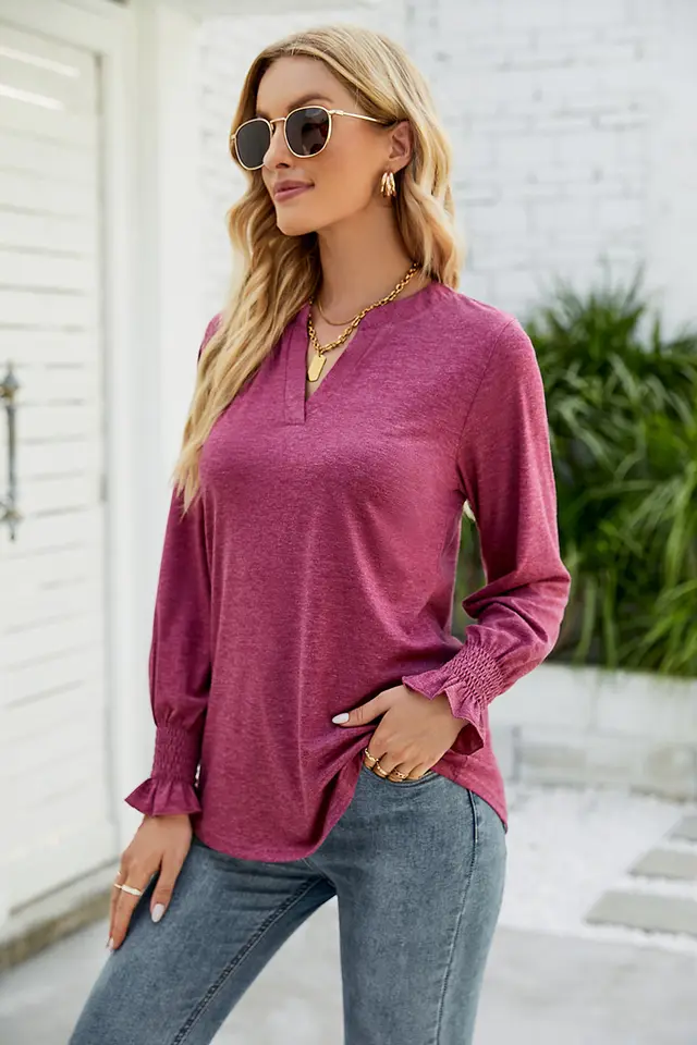 New Women's Casual V neck Lotus Leaf Sleeve Loose T shirt Wine Red - Shop at LoveMi