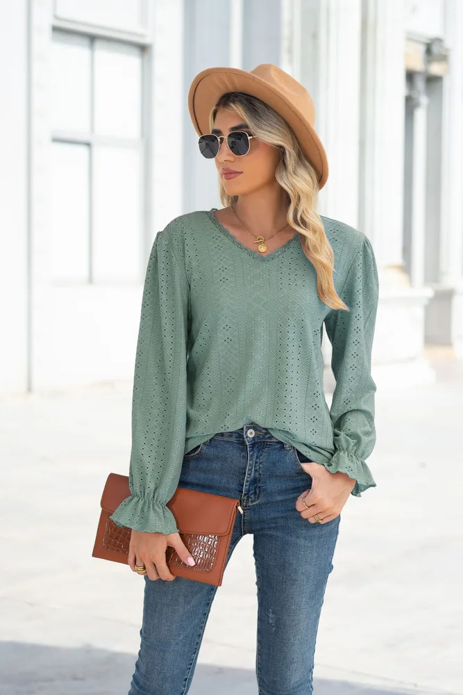 New Hollow Lace Stitching Loose Top Women's Green - Shop at LoveMi