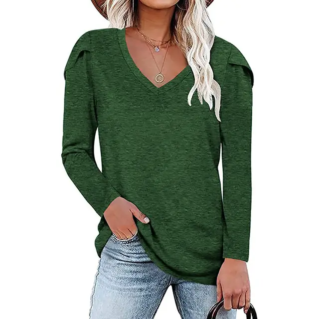Women's Long Sleeve Tile Sleeve V Neck Loose Pullover T Shirt Green - Shop at LoveMi